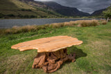 Rustic Salvaged Yew, Oak and Bog Oak Stump Coffee Table. Handmade in Wales, UK. View with Landscape.